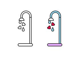 logo de la salle de bain avec de l'eau qui coule du coeur moderne. icône de gouttelettes cardiaques. modèle de cabine de douche linéaire et coloré. fond blanc simple vecteur linéaire.