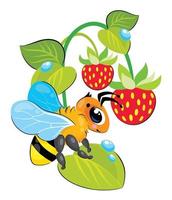 drôle de petite abeille mignonne est assise dans des feuilles de fraisier. les baies pendent aux branches. illustration pour enfants pour le préscolaire. vecteur