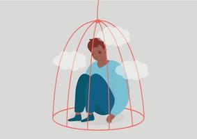 jeune homme noir assis dans une cage à oiseaux. prisonnier adolescent mâle influencé dans sa santé mentale par le verrouillage. intimidation, dépendance, problèmes psychologiques, restrictions sur le concept des droits de l'homme. vecteur
