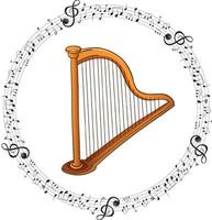une harpe classique avec des notes de musique sur fond blanc vecteur