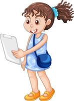 une fille debout sur le sol et tenir le personnage de dessin animé de la tablette sur fond blanc vecteur