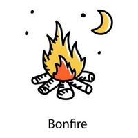 feu avec du bois indiquant l'icône doodle du feu de joie vecteur