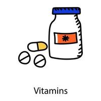 vitamines dans l'icône modifiable à la mode doodle, suppléments vecteur