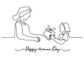une seule ligne de la journée de la femme heureuse avec sa fille donne un cadeau à sa mère vecteur