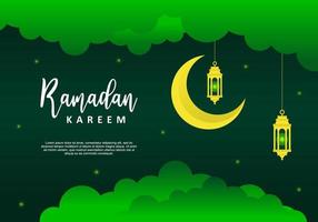 ramadan kareem avec lune jaune, lanterne isolée sur fond vert. vecteur