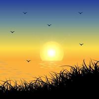 illustration vectorielle de coucher de soleil abstrait fond. vecteur de paysage de coucher de soleil d'été. conception de coucher de soleil plat avec oiseau volant.
