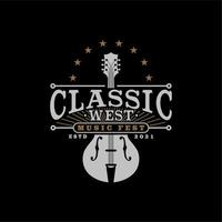 logo du festival de musique avec symbole de guitare classique et vintage vecteur