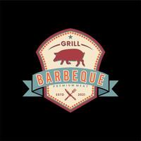étiquette de restaurant grill vintage avec icône de porc, inspiration de conception de logo de restaurant de porc vecteur