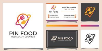 conception de logo d'art de ligne de localisation de nourriture, avec le concept d'une épingle et d'une carte de visite vecteur