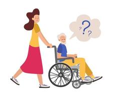 grand-père de démence dans un fauteuil roulant avec une personne accompagnante ne peut pas comprendre où il est illustration vectorielle dans un style plat