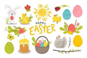 un ensemble pour les joyeuses fêtes de Pâques avec des œufs de lapin, des fleurs, du saule et d'autres attributs. illustration vectorielle dans un style plat isolé sur fond blanc vecteur