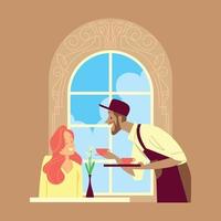 un serveur sert un café chaud à une fille aux cheveux roux vecteur