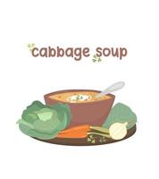 soupe aux choux dans une assiette de fiolet. soupe de légumes frais. illustration pour menus, publicités, sites Web. vecteur