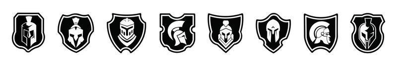 Bouclier spartiate plat logo noir icon set designs illustration vectorielle sur fond blanc vecteur