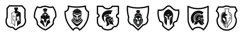 Bouclier spartiate plat logo noir icon set designs illustration vectorielle sur fond blanc vecteur