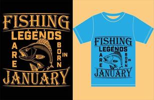 les légendes de la pêche naissent en janvier. tee-shirt de pêche. chemise de légendes. vecteur