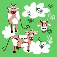 un ensemble d'images avec des taureaux amusants et une vache, de l'herbe, des fleurs et des nuages vecteur