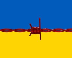 fil de fer barbelé rouge contre le drapeau bleu et jaune de l'ukraine, illustration anti-guerre vecteur