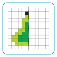 Jeu éducatif de réflexion d'image pour les enfants. apprendre à remplir des feuilles de travail symétriques pour les activités préscolaires. grilles de coloriage, perception visuelle et pixel art. terminer la poire verte. vecteur