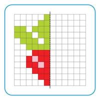 jeu éducatif de réflexion d'image pour les enfants. apprendre à remplir des feuilles de calcul de symétrie pour les activités préscolaires. tâches pour colorier des pages de grille, des mosaïques d'images ou du pixel art. terminer le radis rouge. vecteur