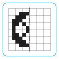 jeu éducatif de réflexion d'image pour les enfants. apprendre à remplir des feuilles de calcul de symétrie pour les activités préscolaires. tâches pour colorier des pages de grille, des mosaïques d'images ou du pixel art. finir les pneus de voiture. vecteur