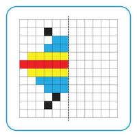 Jeu éducatif de réflexion d'image pour les enfants. apprendre à remplir des feuilles de travail symétriques pour les activités préscolaires. grilles de coloriage, perception visuelle et pixel art. terminer l'image de l'avion ufo. vecteur