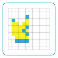 Jeu éducatif de réflexion d'image pour les enfants. apprendre à remplir des feuilles de travail symétriques pour les activités préscolaires. grilles de coloriage, perception visuelle et pixel art. finir la couronne royale. vecteur