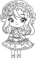 page de coloriage dessin animé fille mignon kawaii manga anime illustration, clipart enfant dessin personnage vecteur