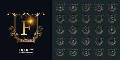 lettre f ou alphabet initial de collection avec modèle de logo doré cadre floral ornement de luxe. vecteur