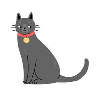 chat noir avec collier rouge et médaillon en style cartoon plat. illustration vectorielle isolée sur fond blanc.