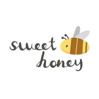 texte de miel sucré avec une abeille au-dessus. illustration vectorielle mignonne en style cartoon isolé sur fond blanc. lettrage pour la conception. vecteur
