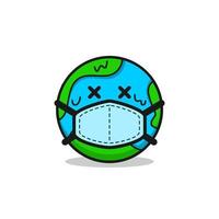 illustration d'une terre porte un masque avec un style de dessin animé. illustration vectorielle de pandémie mondiale vecteur