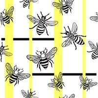 abeilles sans couture, motif vectoriel sans fin avec des rayures jaunes. insectes dessinés à la main, guêpes dans le style de griffonnages. conception moderne de vecteur. textiles écologiques et biologiques. pour l'emballage, les étiquettes, la conception d'icônes.