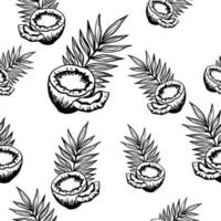 noix de coco fendues et en morceaux, feuilles tropicales. motif de fruits sans soudure de vecteur avec des contours. croquis avec style doodle. conception d'emballages de marque, textiles.