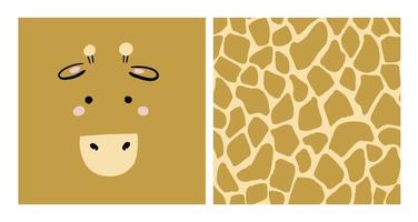graphiques de girafe. carte dessinée à la main avec un joli visage de girafe et un motif de peau de girafe africaine. arrière-plan transparent. personnage animal girafe pour enfants. affiche bébé, art mural chambre d'enfant, carte, décoration de chambre. vecteur