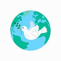 colombe de la paix et de la planète terre. pigeon avec rameau d'olivier comme symbole de la paix mondiale. illustration vectorielle plate vecteur
