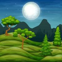 paysage de collines verdoyantes et arbres la nuit vecteur