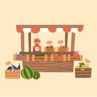 produits d'automne locaux au marché de producteurs. fruits biologiques, légumes à l'étal de marché en bois. compteur avec balance. illustration vectorielle plane. vecteur