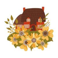 petite maison ancienne au toit de chaume parmi d'énormes fleurs et feuilles. illustration plate vectorielle sur fond blanc. vecteur