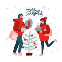 carte de voeux joyeux noël avec couple de personnes détenant des coffrets cadeaux surprise, arbre de noël et calligraphie de noël isolés sur fond blanc. illustration vectorielle plane dessinée à la main. vecteur