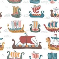 modèle sans couture de vikings avec navires drakkar, arrière-plan vectoriel plat scandinave enfantin, vêtements pour enfants, tissu, textile, illustration dessinée à la main de pépinière.