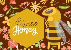 étiquette ou bannière de miel de fleurs sauvages avec motif de fleurs et grosse abeille. illustration de vecteur plat dessinés à la main.
