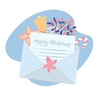 lettre de noël sortant d'une enveloppe blanche avec boîte-cadeau, pain d'épice, tasse et houx, cloche, pain d'épice. papier avec message de Noël. illustration vectorielle plate vecteur