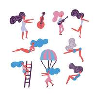 ensemble de personnages féminins. jolies jeunes femmes dans des poses différentes. design plat d'illustration vectorielle dans le style scandinave doodle. vecteur