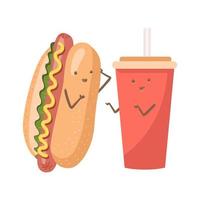 mignon drôle souriant hot-dog heureux et tasse d'eau gazeuse. isolé sur fond blanc. restauration rapide, menu enfants café, hot-dog et concept de tasse de soda. illustration de personnage kawaii de dessin animé plat vectoriel. vecteur