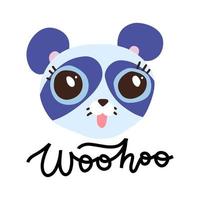 panda bleu mignon avec de grands yeux sur fond blanc. lettrage vectoriel décoratif dessiné à la main - woohoo. les enfants impriment pour des affiches, des cartes postales, des t-shirts.