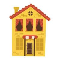 jolie petite maison jaune avec un toit en tuiles rouges et de nombreuses fenêtres avec des volets et une porte. rue européenne traditionnelle. bâtiment de dessin animé. élément de la ville. maison de conte de fées. illustration vectorielle plane vecteur