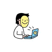 hacker boy portant un masque mignon et travaillant sur un ordinateur portable, illustration pour t-shirt, autocollant ou marchandise vestimentaire. avec un style doodle, rétro et dessin animé. vecteur