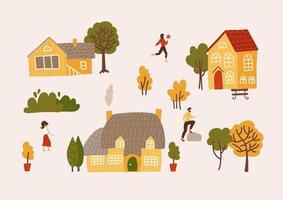 village dessiné à la main avec des maisons, des arbres et des résidents vector illustration plate. bâtiments confortables jaunes avec des gens. ferme résidentielle, chalet ou villa entourée de plantes vertes.