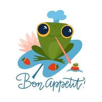 la grenouille mignonne tient le personnage de dessin animé de fraises isolé sur fond blanc. drôle de grenouille dans une casquette de chef. illustration vectorielle plane avec citation de lettrage bon appétit. vecteur